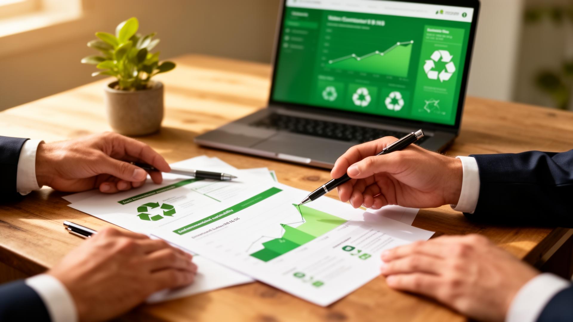 Profissionais analisando relatório de sustentabilidade ESG com dados de reciclagem corporativa