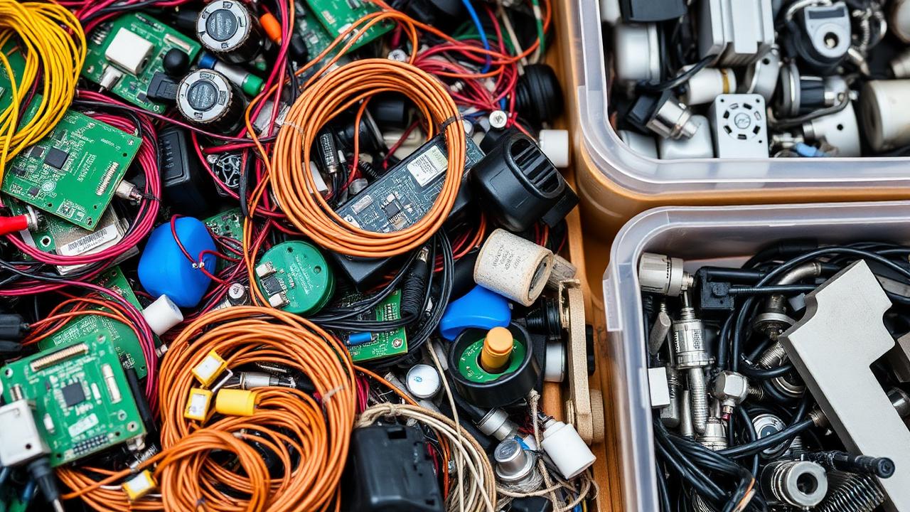 Componentes eletrônicos separados por categoria para reciclagem