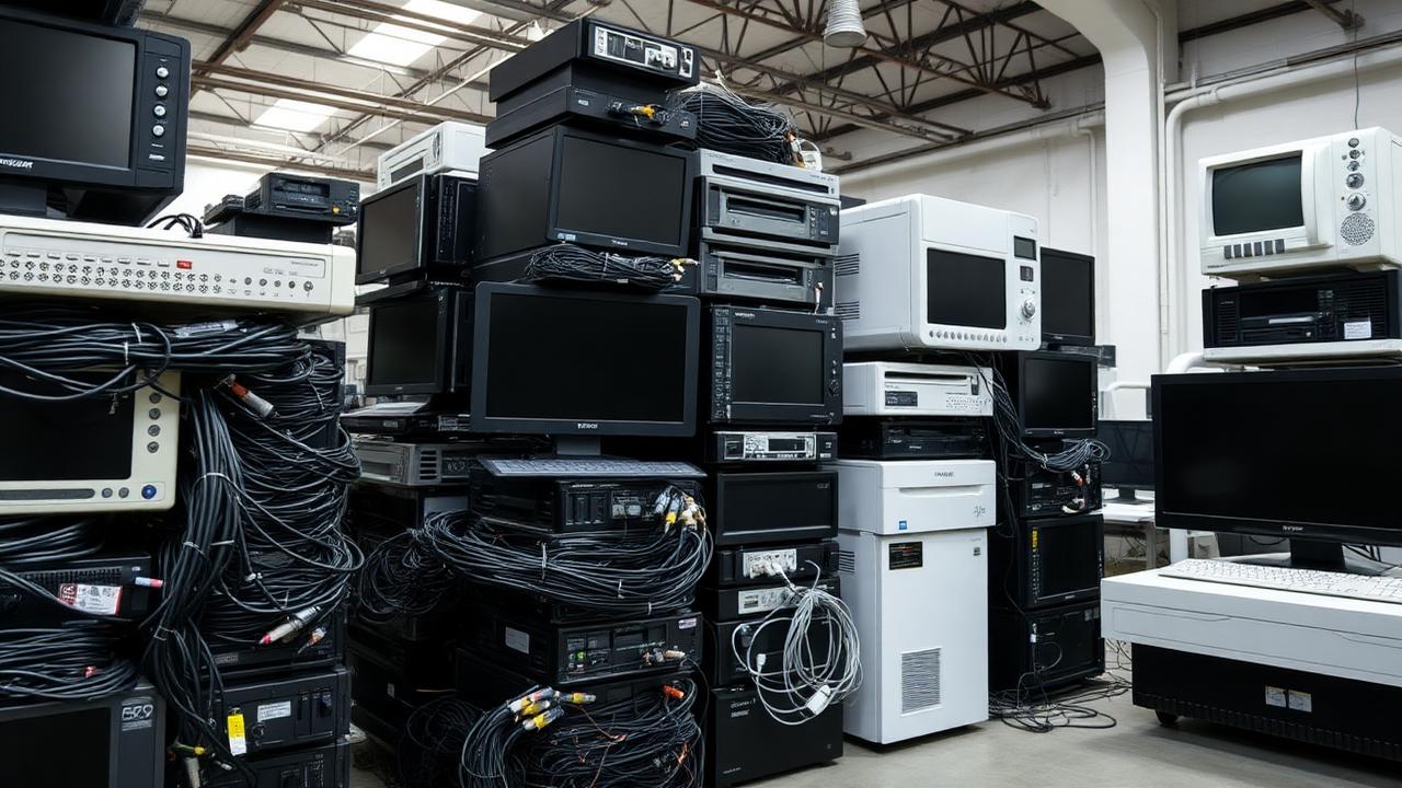 Equipamentos eletrônicos organizados para logística reversa em galpão