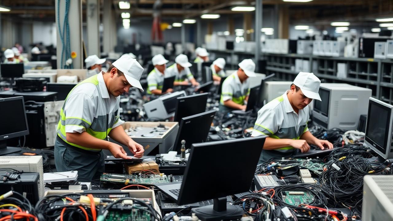 Equipe especializada realizando triagem e desmontagem de equipamentos eletrônicos