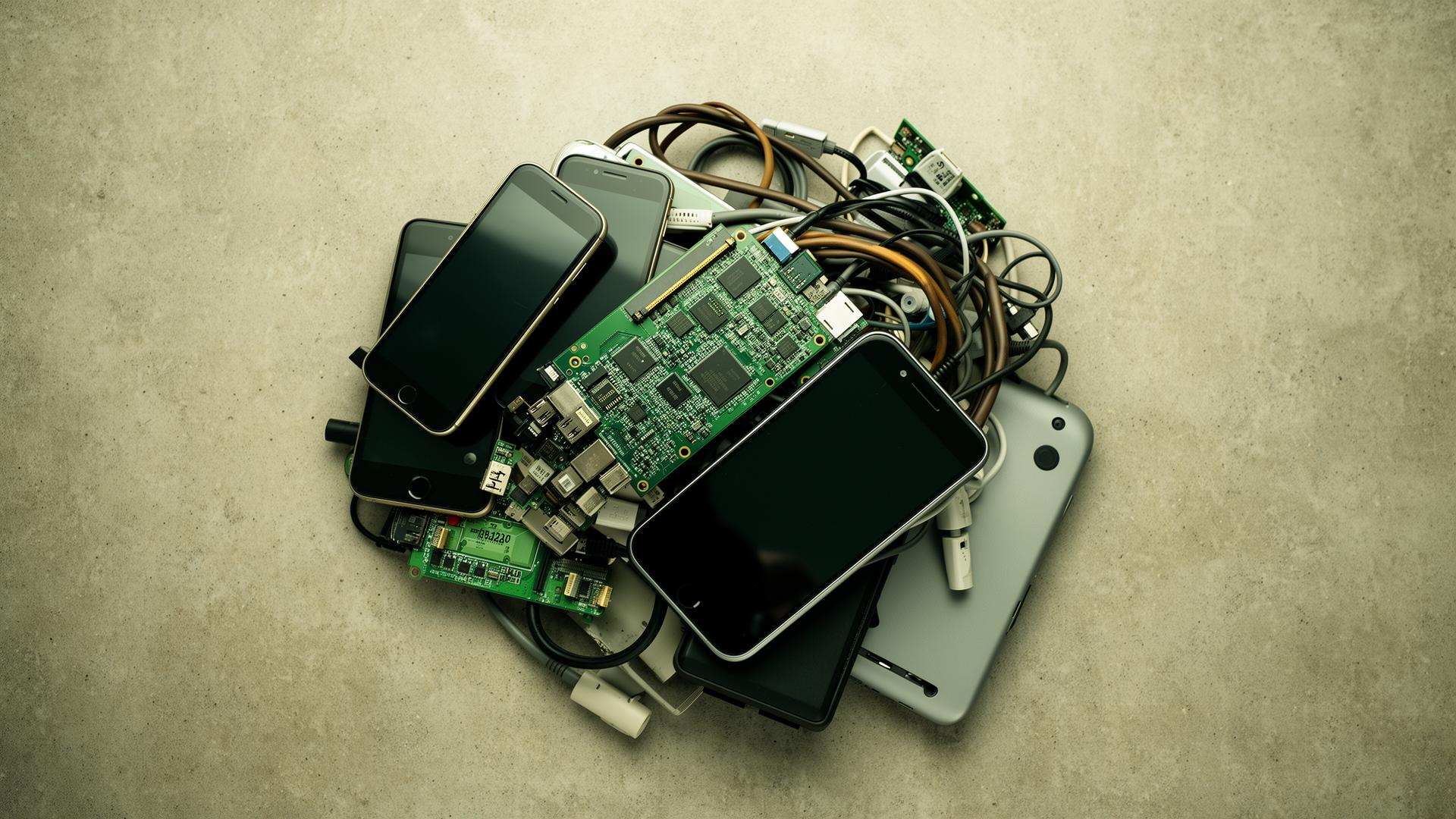 Pilha de resíduos eletrônicos aguardando triagem e reciclagem ambientalmente correta