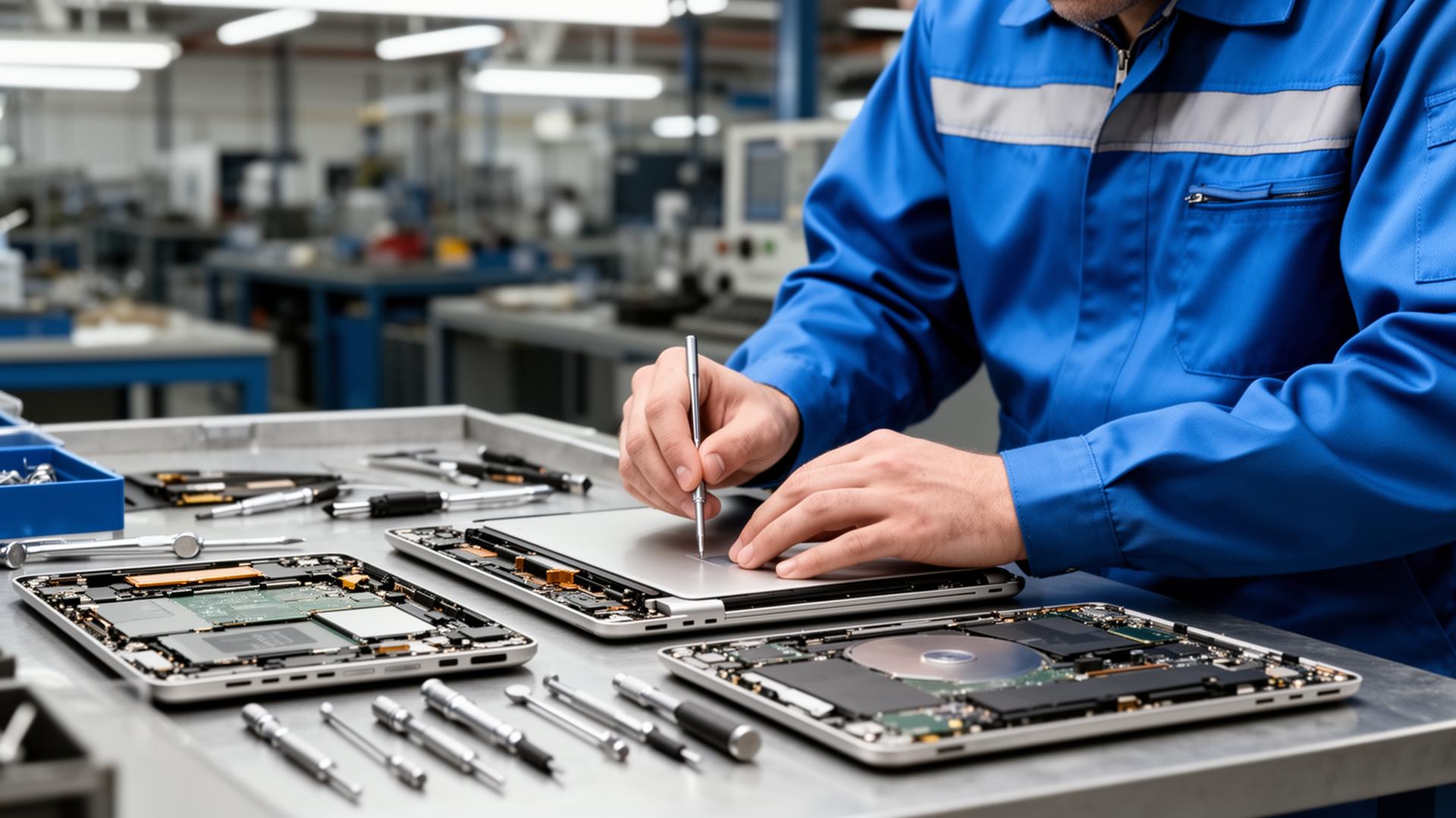 Técnico realizando remanufatura de equipamentos eletrônicos em bancada especializada