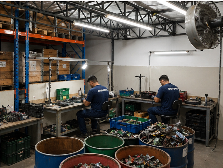 Operadores Reversis realizando triagem fina de placas e componentes