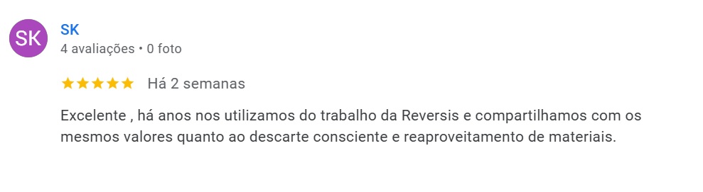 Avaliação 5 estrelas de SK sobre a Reversis no Google